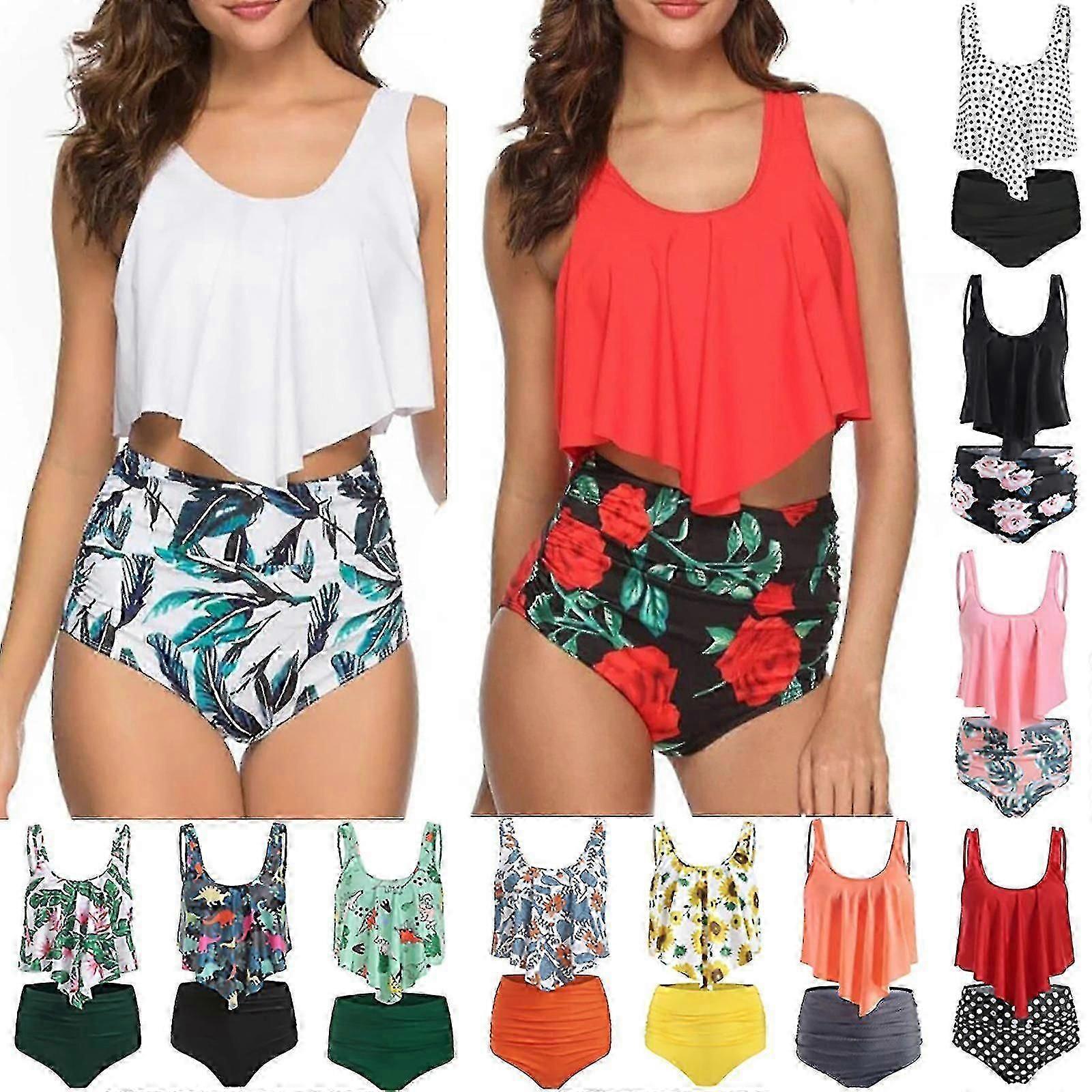 Kvinnor Hög Midja Magkontroll Bikini Tankini Set Baddräkt Badkläder-i