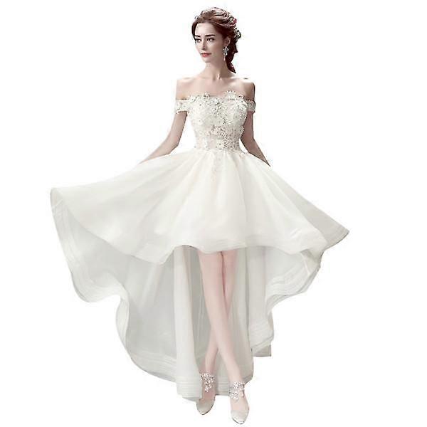 Bride Wedding Dresses Boat Neck Lace Embroidery Beading Short Front Long Back Short Wedding Gowns