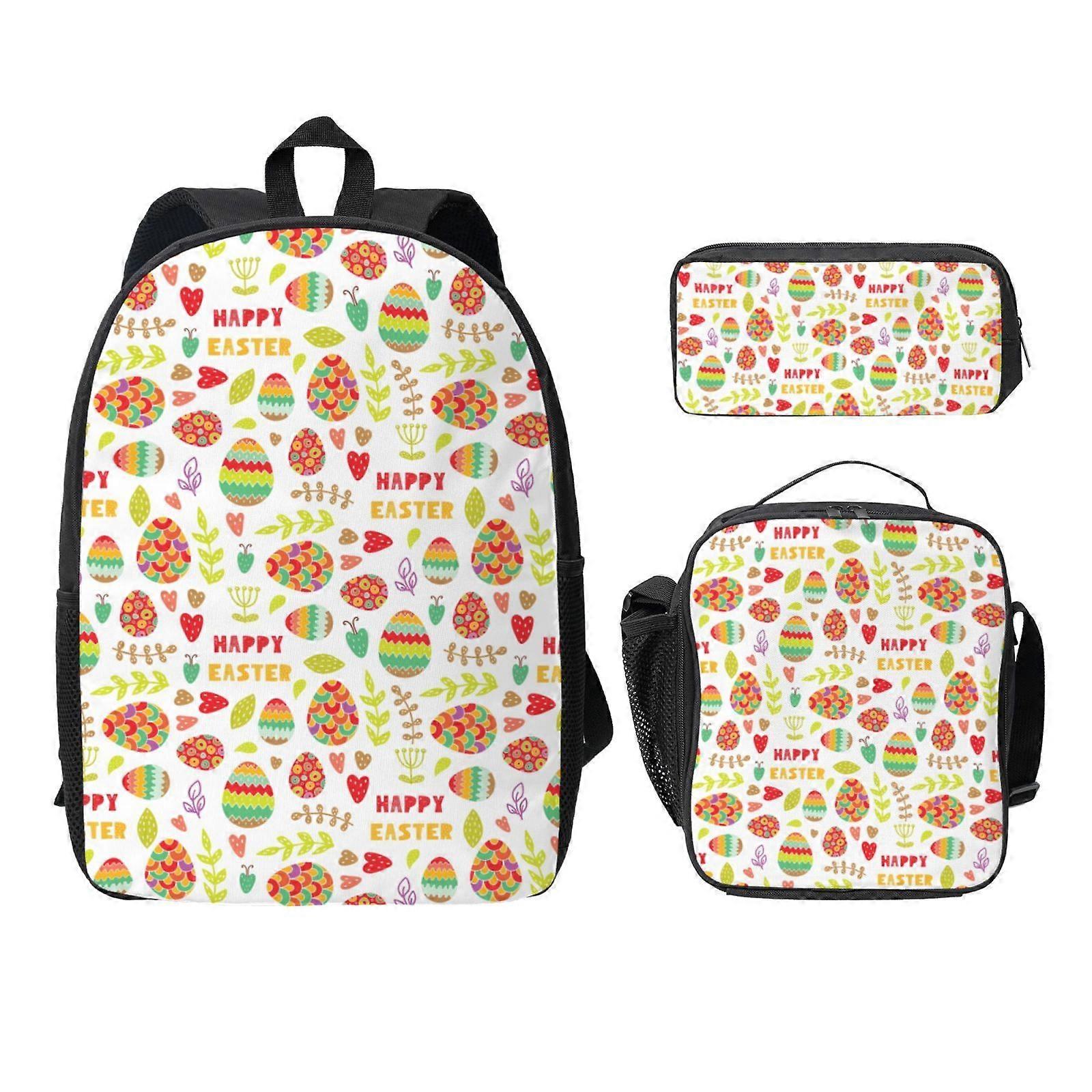 Happy Easter Day Egg Backpack Lunch Bag Pencil Case 3 Pcs Set with Mesh Pocket 01