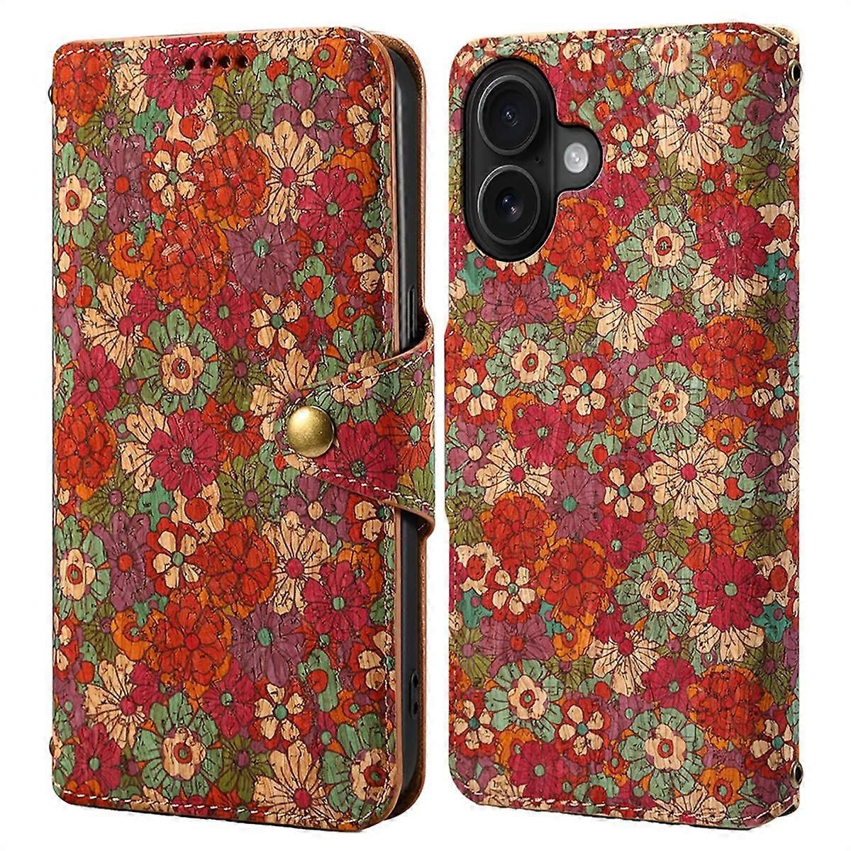 For iPhone 16 Plus Case Flower Printing Stand PU Leather Protective Phone Cover-Summer