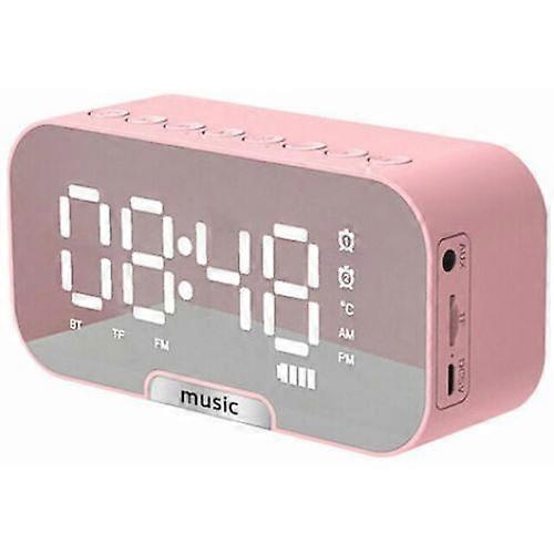 Pink Bedroom Clock With Fm Radio, Dual Alarm, Bluetooth Speaker, Mirror Surface Design, Dimmable Display, Rechargeable, Nightlight With Auto-off Timer