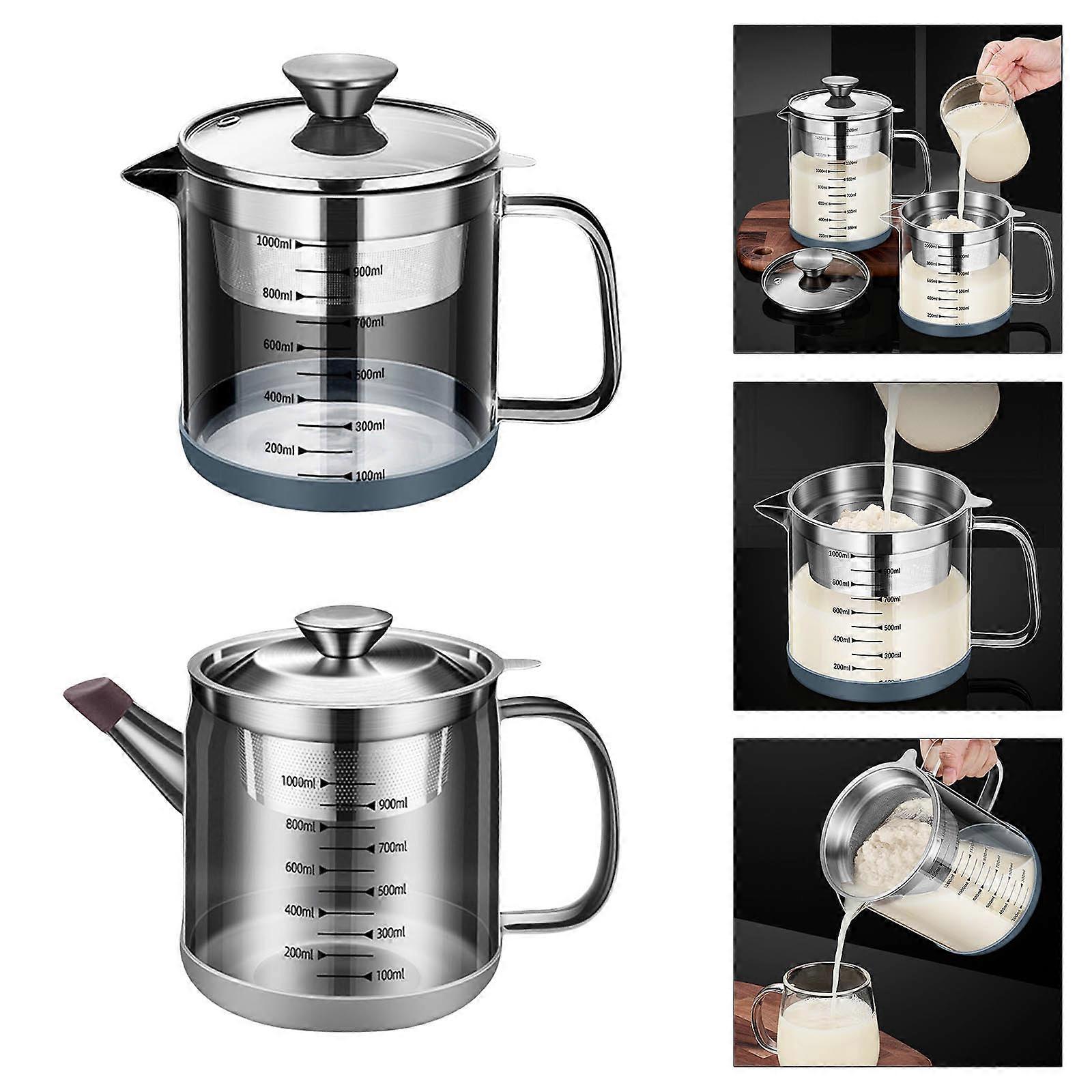 Durable 1L Stainless Steel Strainer Pot Cooking Oil Separators for Filtering and Storing Soybean Milk and Teas