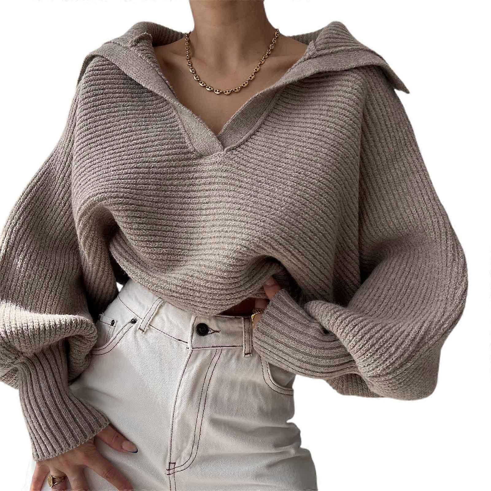 Womens Winter Fall Solid V-Neck Lapel Balloon Long Sleeve Sweaters Pullover Outerwear Solid Color Knitted Tops  Khaki XL