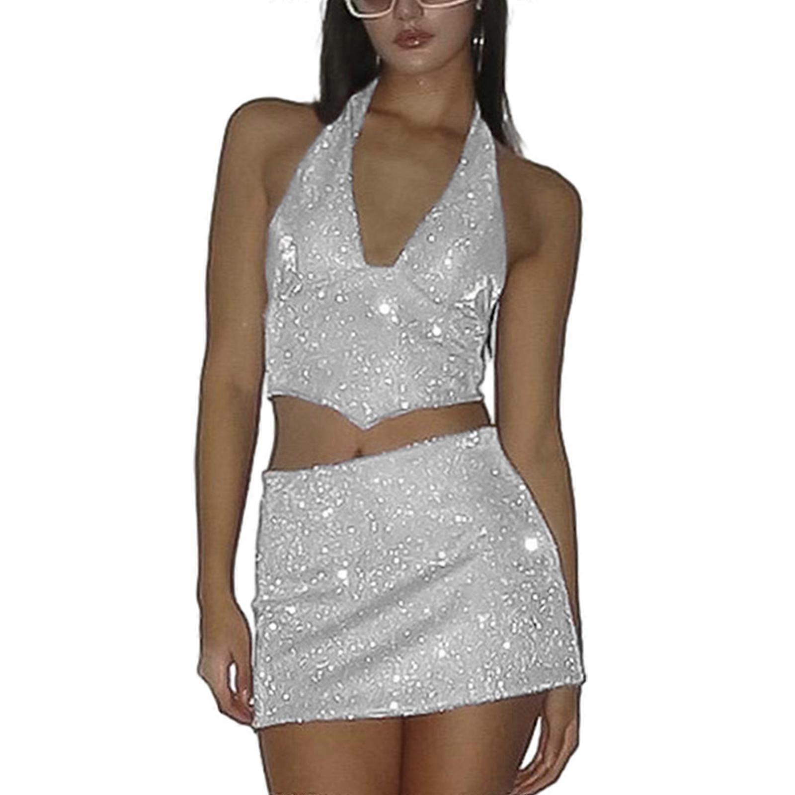 Halter Backless Vest Gonne Abiti Scollo A V Donna Sexy Backless Bodycon Top Set Perla-lucentezza Ritagliata Set per l'estate Argento S