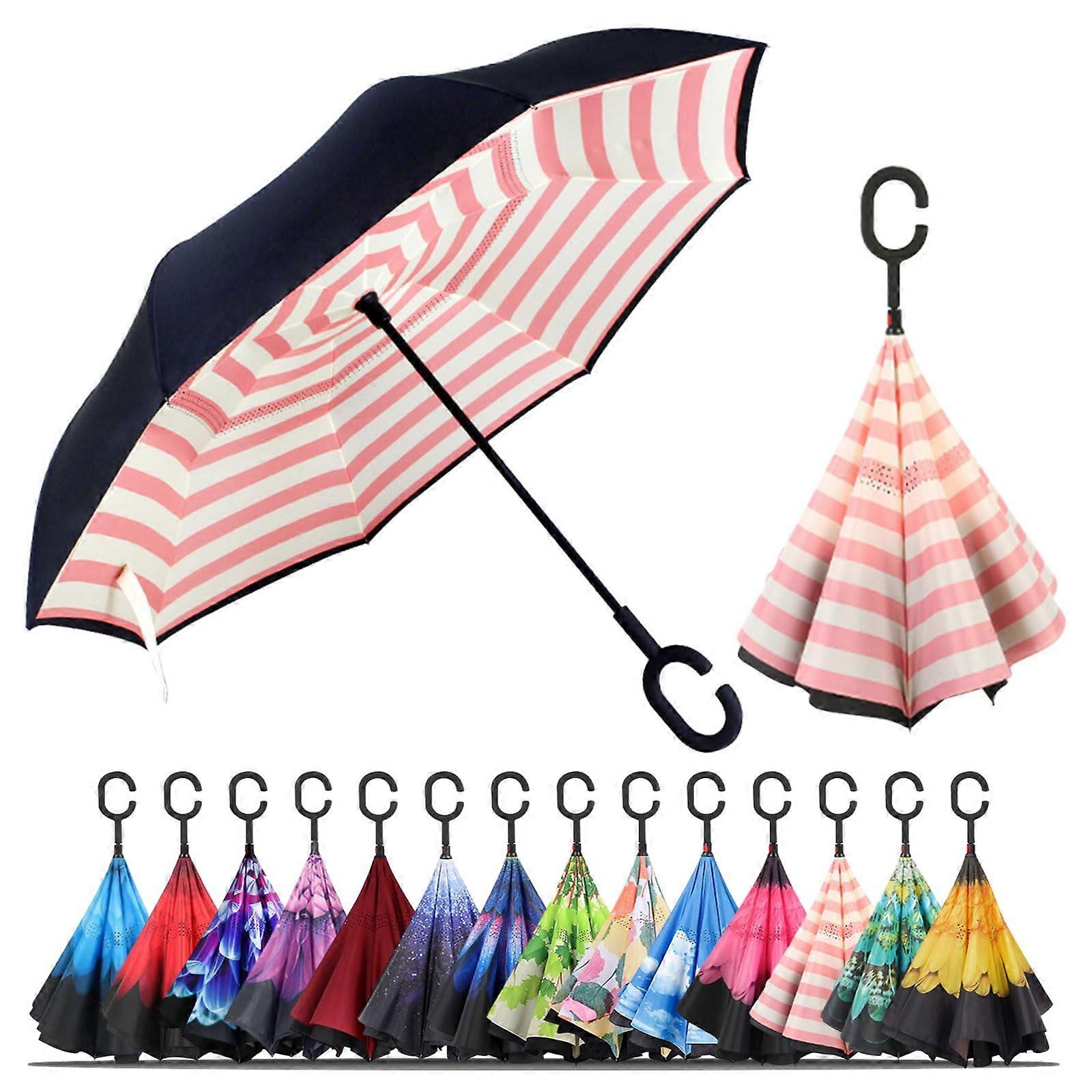 C-Shaped Handle Reverse Umbrella, Waterproof Pink Stripe Design for Men and Women, Anti-UV, Compact Travel Size