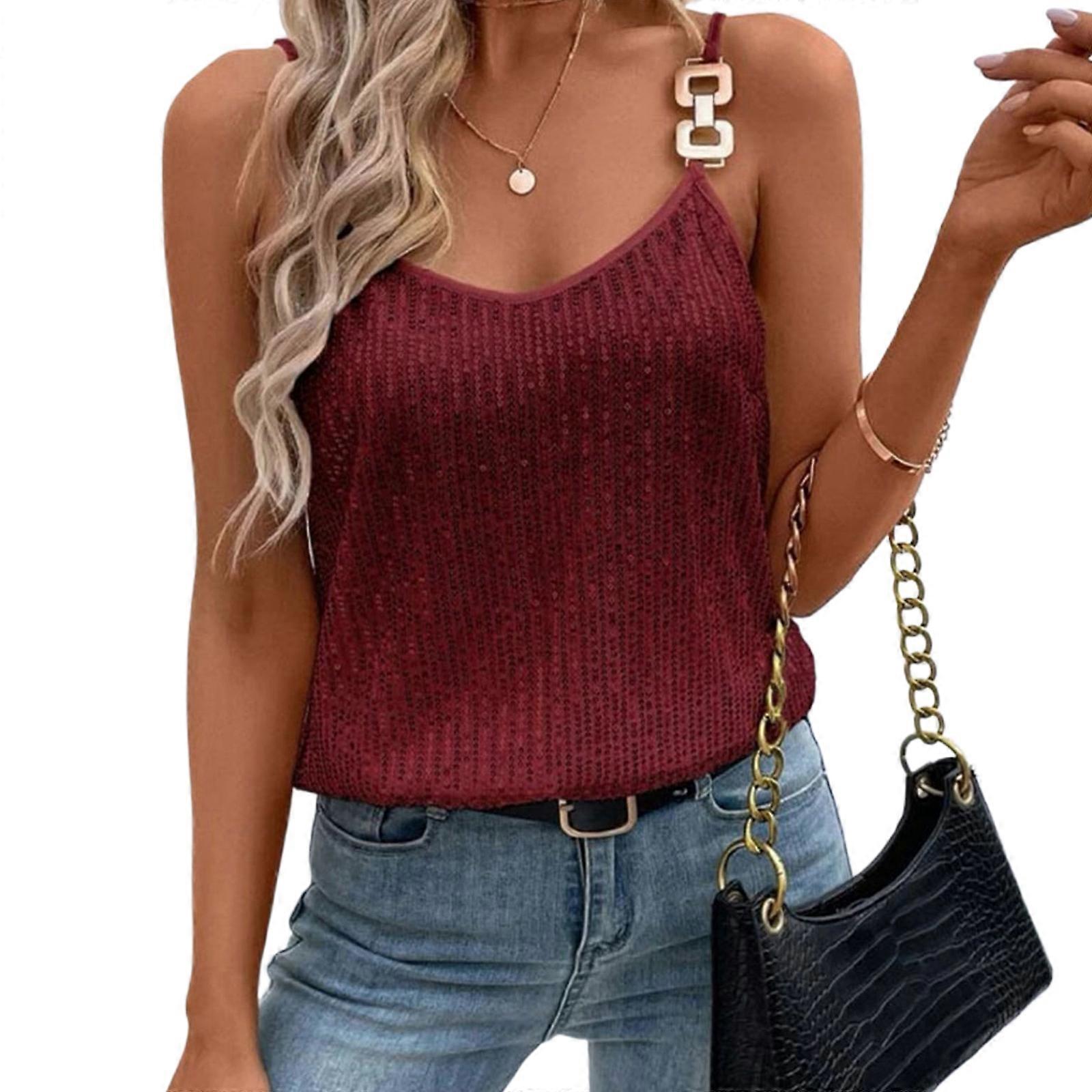 Sophisticated Shimmering Camisole Spaghetti Straps Tank Camisole Top Suitable for Evening Occasion  Claret XL