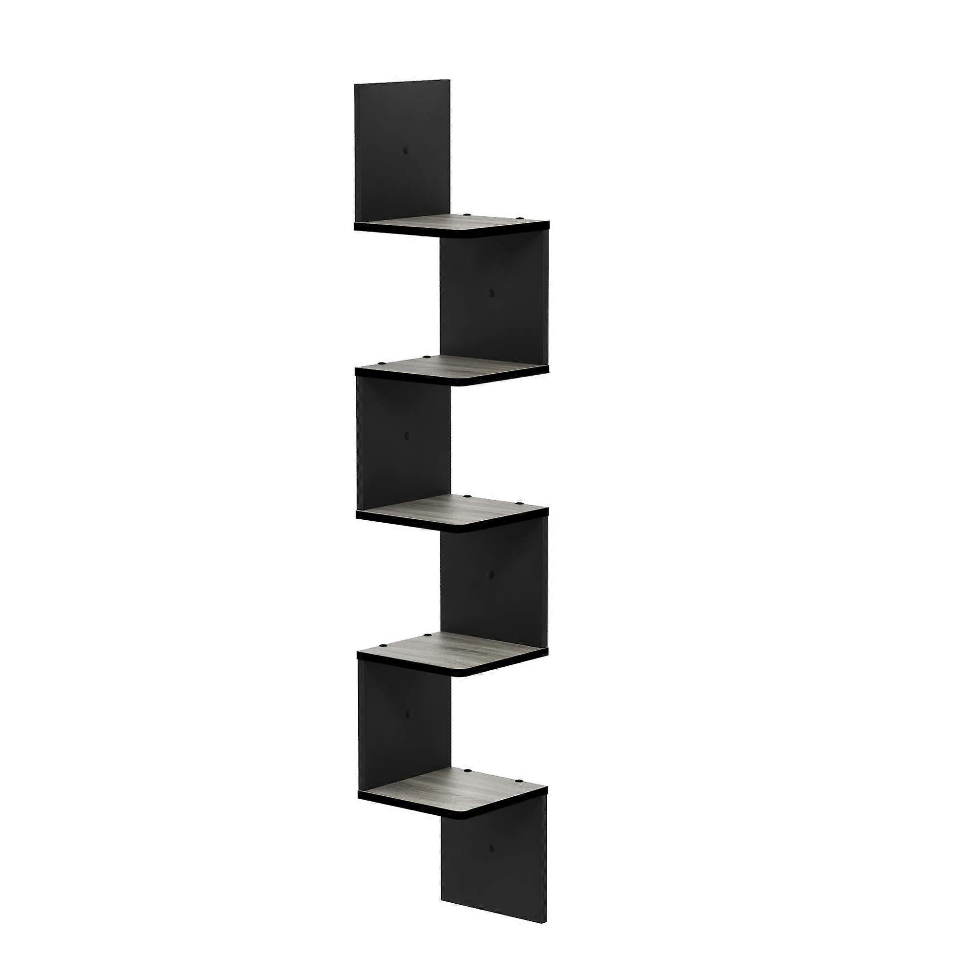 Wall Mount Floating Corner Shelf, 5-Tier Storage Rack, French Oak Grey/Black, Square Design for Home Decor