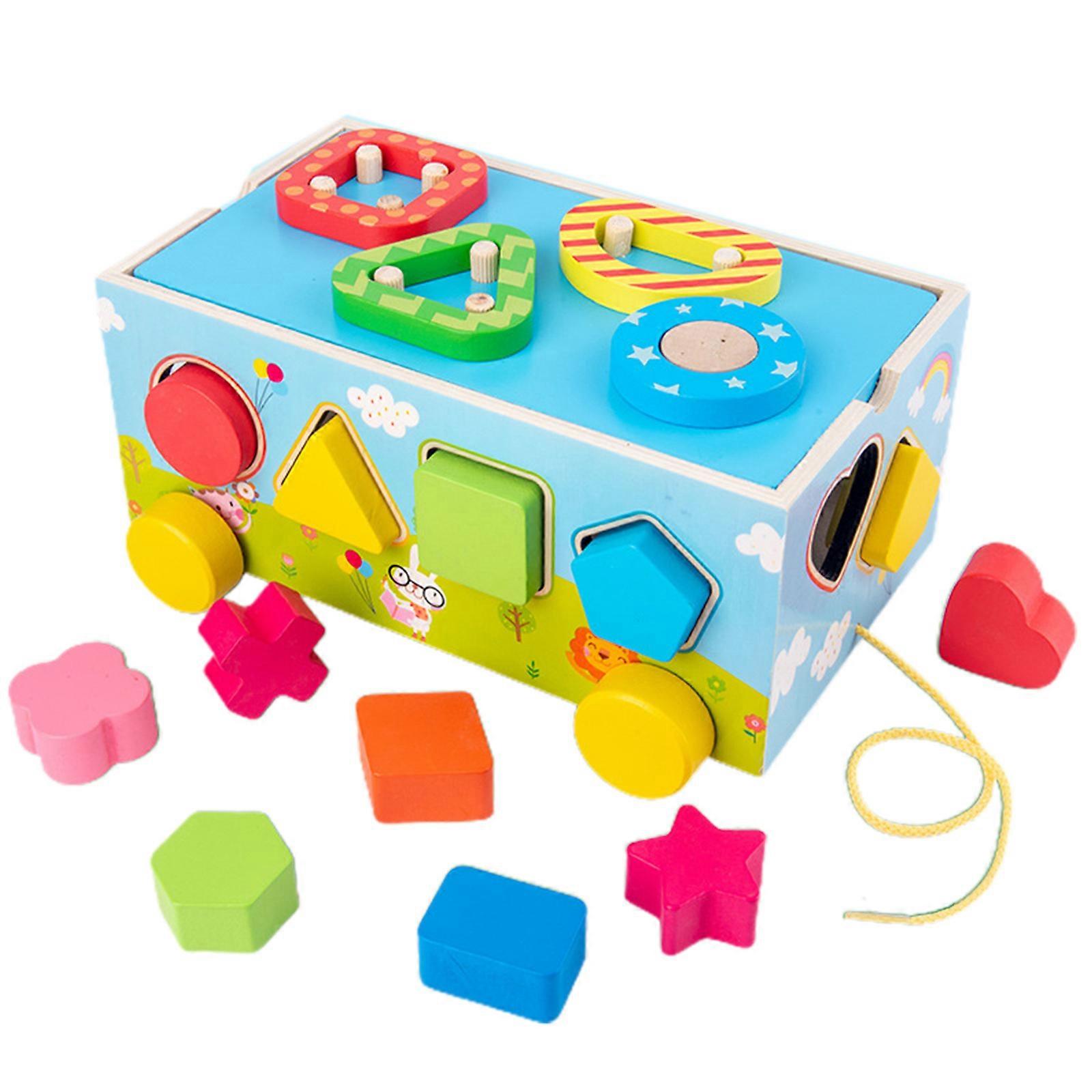 Number Shape Puzzle Sorting Toys Wooden Pulling Bus Jigsaw Puzzle Game Early Educational Toy for Toddler Kids Boys Girls