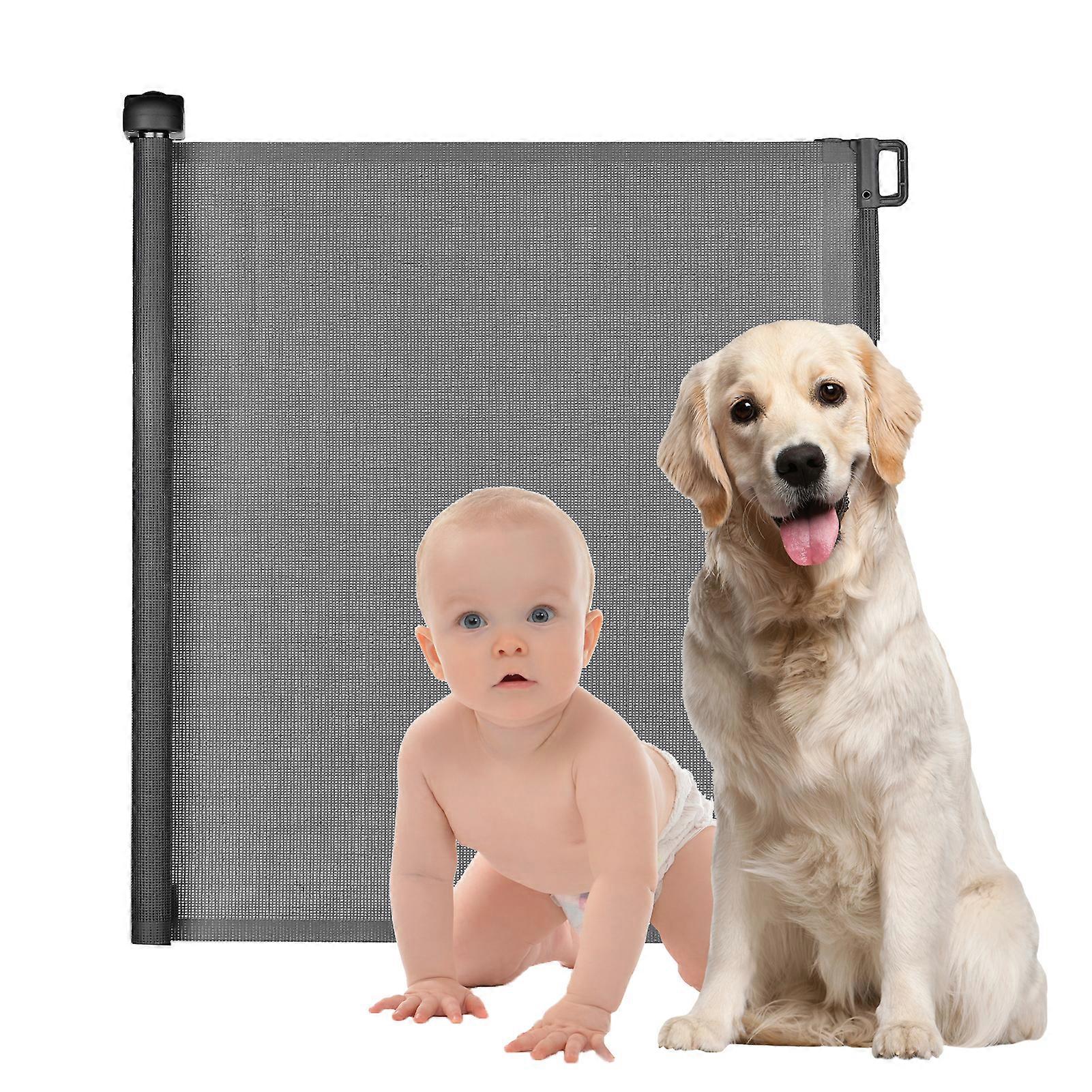 Retractable Baby Gate Indoor/Outdoor Safety Gate for Kids Pets Mesh Fence 33.8 Inch Tall Extends to 55 Inch with Upgraded Locking Button Wide Safety 