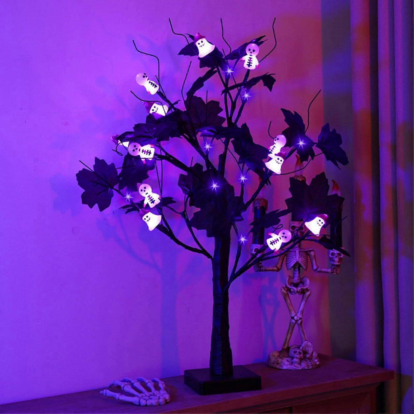 60 cm Halloween Decorative Artificial Birch Tree Lamp with 24 LED Ghost Lights, Battery or USB Operated Table Light for Autumn Decor