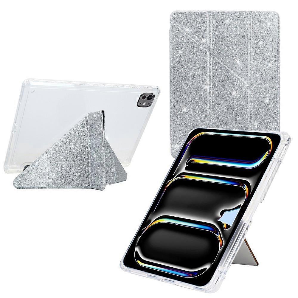 Per iPad Pro 11 (2024) Custodia Y-Fold Stand Glitter Pelle TPU Acrilico Trasparente Tablet Cover Argento