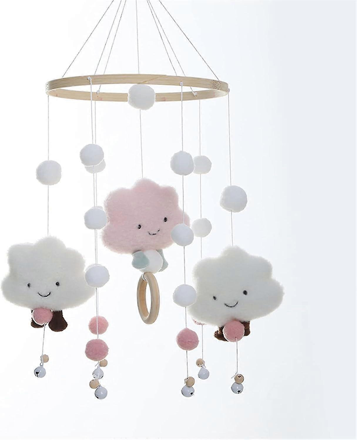 (Pink) Crib Wind Chime & Felt Ball 3d Cloud Cot Decoration (grey)
