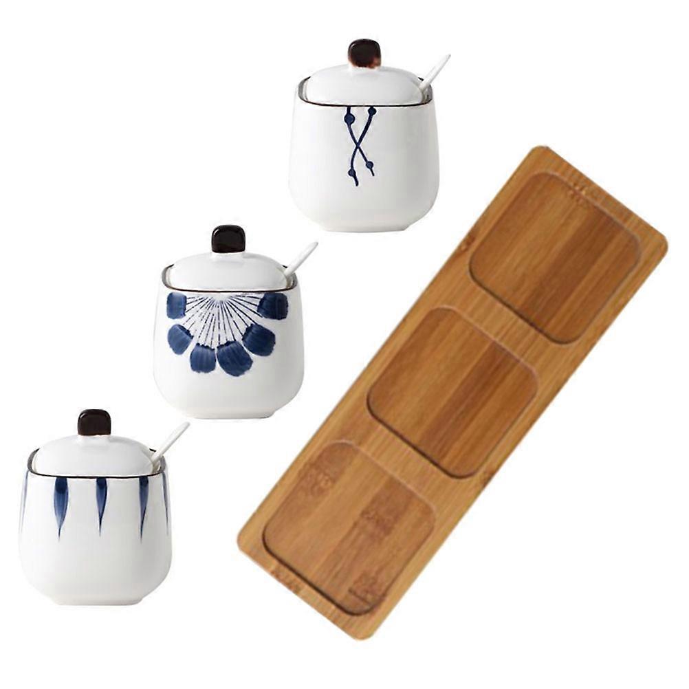 Ceramic Seasoning Jar Set with Tray and Spoons, Condiment Holder for Sugar, Salt, and Spices, Kitchen Storage and Organization