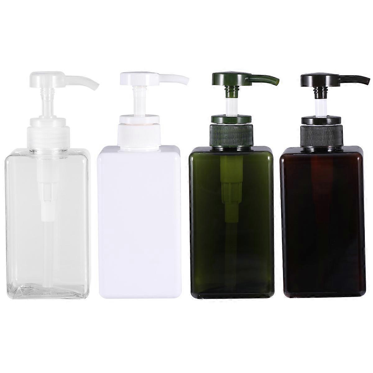 4pcs Refillable Empty Storage Bottles with Pump for Shampoo, Shower Gel – Transparent, Brown, White, Blackish Green – Travel & Home Use