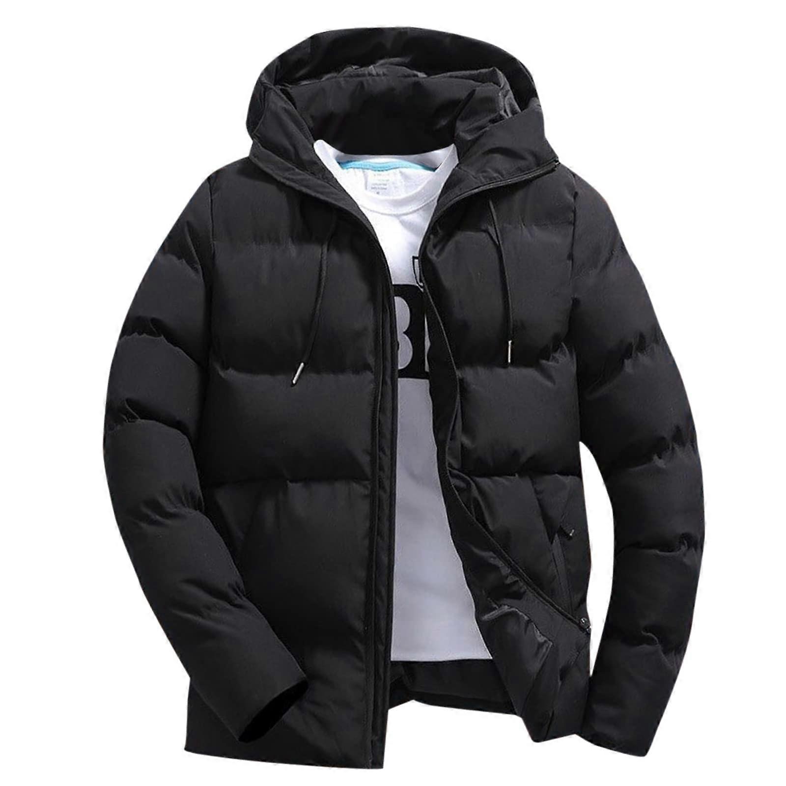 Men's Winter Lined Long Hooded Puffer Jacket, Windproof Outdoor Warm Coat with Drawstring and Pockets, Basic Transition Hooded Jacket, Black, 5XL