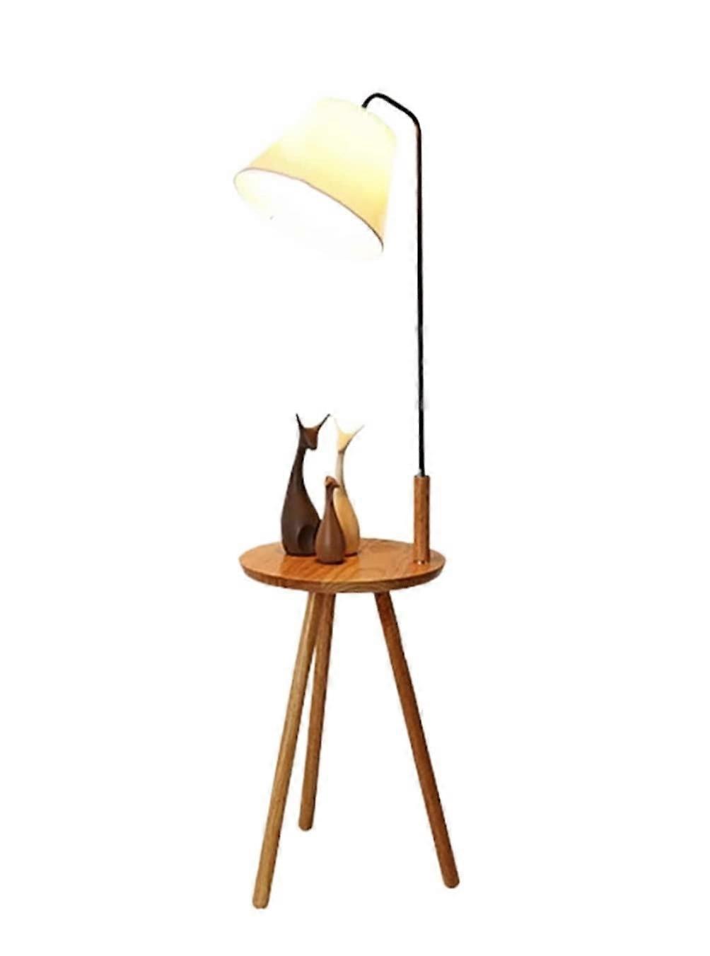 Floor Lamp With Fabric Shade And Wooden Table - Nordic Style, E27 Socket, Foyer, Study, Bedroom, Hotel