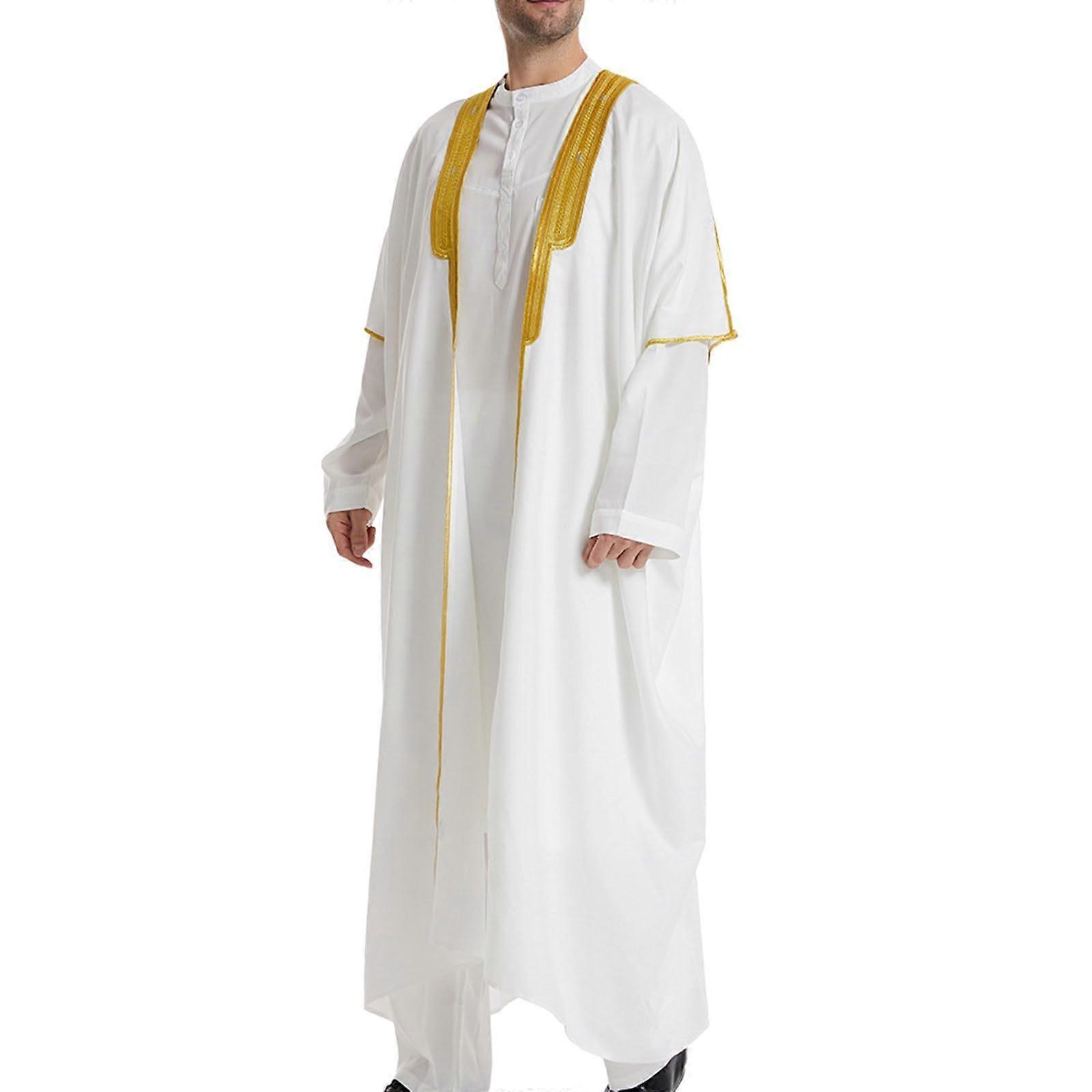 Herren Kaftan Thobe 棉质长袍休闲纽扣穆斯林衬衫阿富汗阿拉伯服装伊斯兰祈祷服修身祈祷服装斋月连衣裙 M 白色