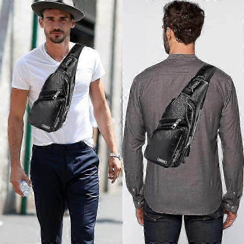チェストバッグ:USBポート付きメンズPUレザーチェストバッグ&旅行用アウトドアスリングクロスボディバッグ