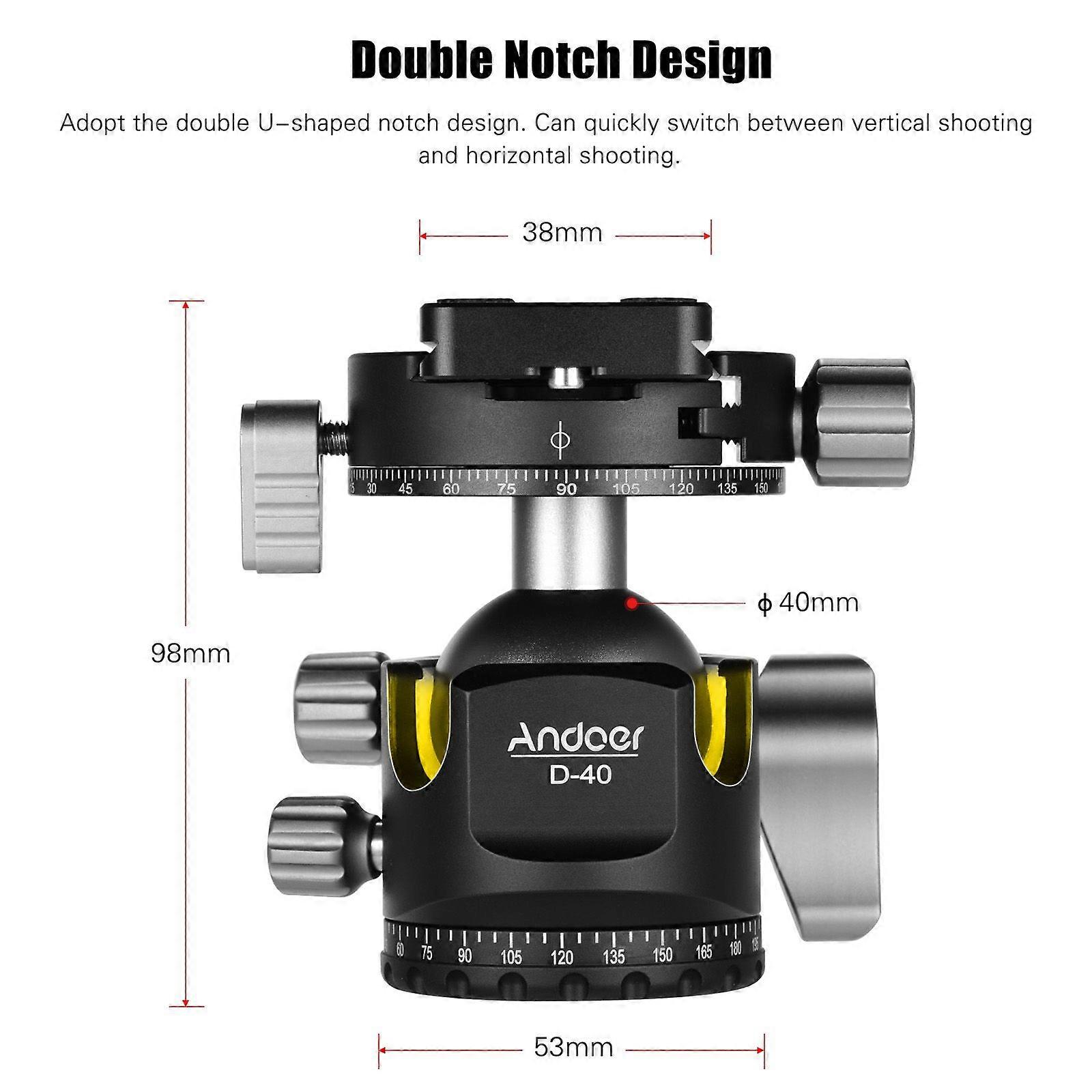 Andoer D-40 PRO Double Panoramic Head CNC Aluminum Alloy Ball Head U Notch Design Low Center of Gravity Support Fine Tuning for Tripod Monopod DSLR IL