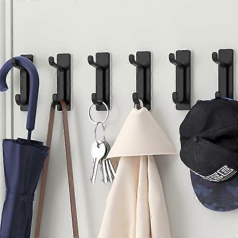 6 Black Sticky Wall Hooks, Waterproof/Rustproof, No Drilling