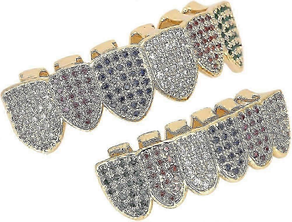 Hip Hop Teeth Grills Tooth Set Shiny Teeth Decoration for Halloween Party Hip Hop Show for Men and Women(Multicolor Gold)