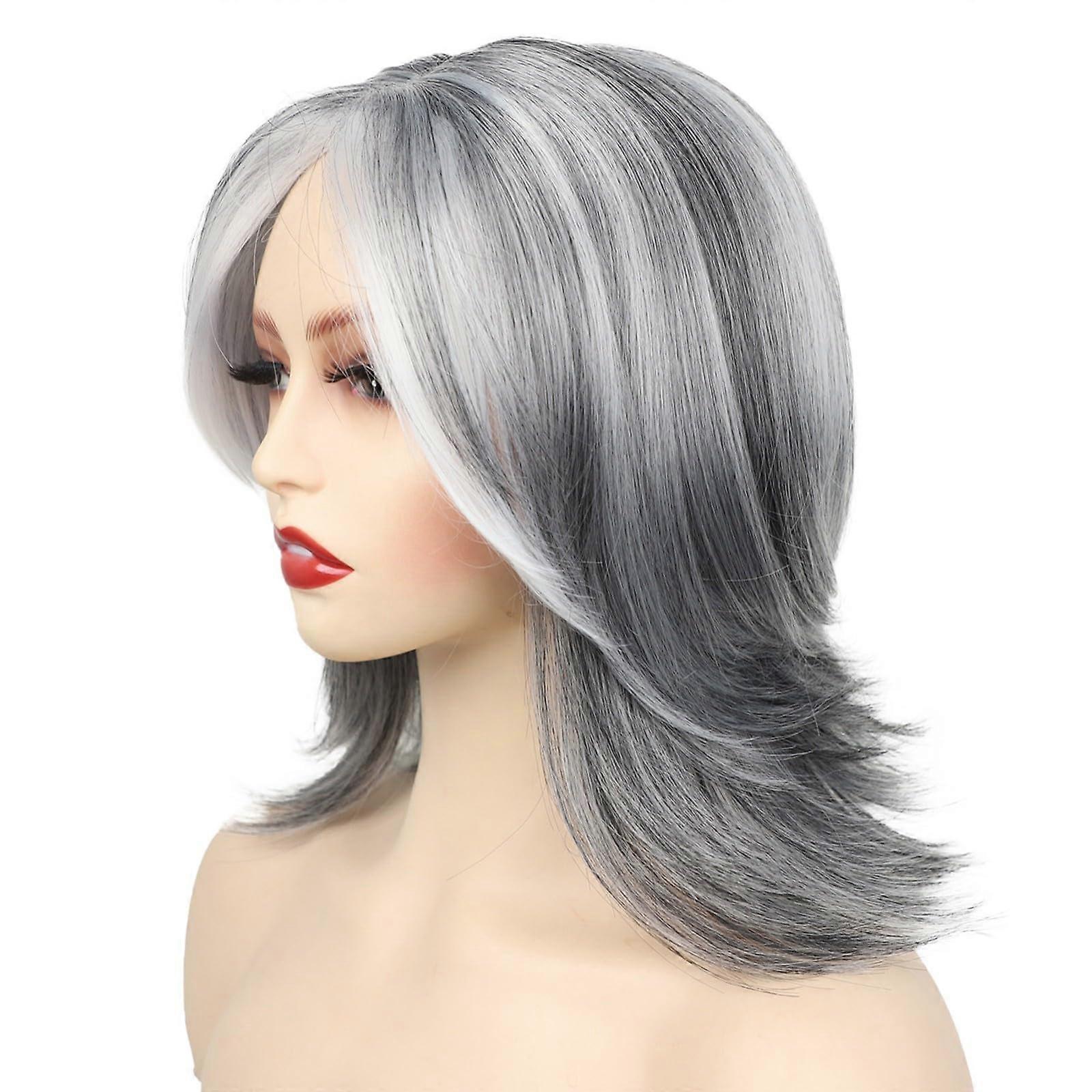 Layered Bob Wig with Curtain Bangs for Women Synthetic Light Ombre Highlight Short Wavy Hair Wig for White Hair Coverage