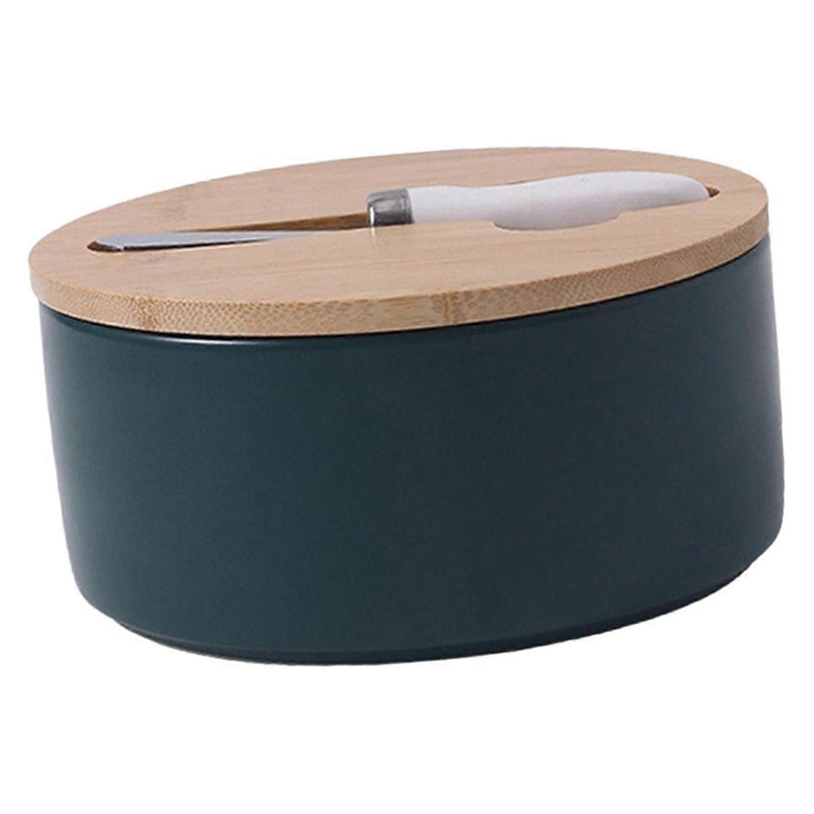 Round Ceramic Butter Dish, Butter Saver Container Box with Lid, Airtight Butter Keeper for Kitchen All Types of Butter Green