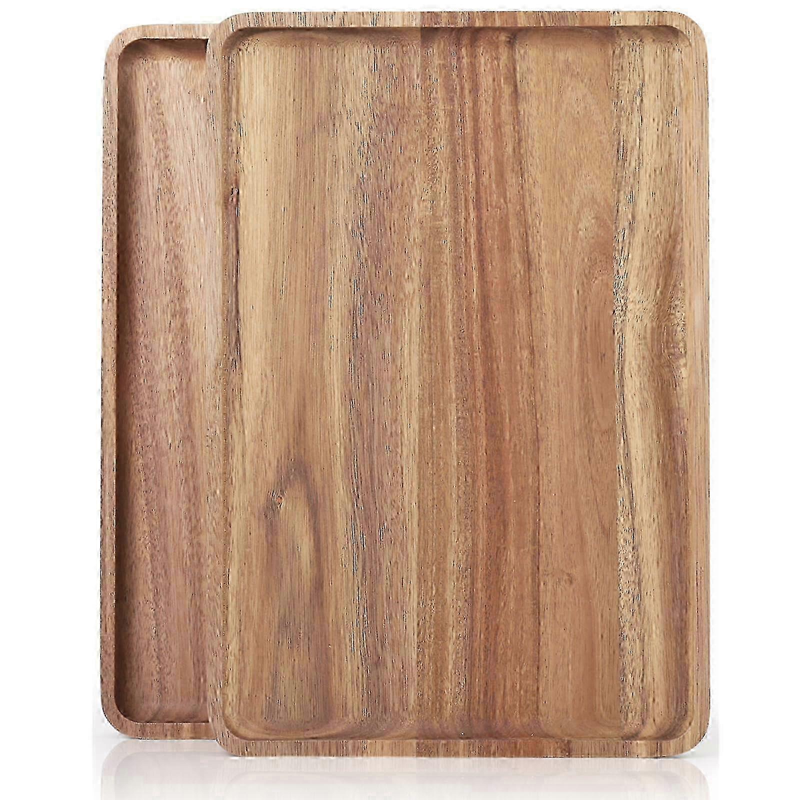 2 PCS Large Solid Acacia Wood Rectangular Natural Wooden Serving Trays for Bar Coffee Party 16 x 12 in