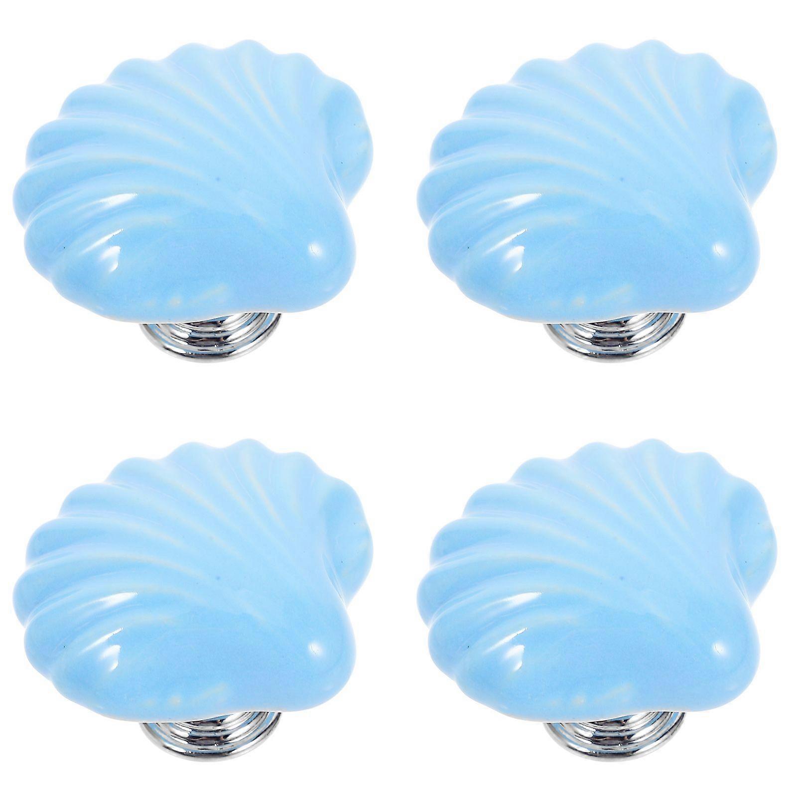 4pcs Ceramic Shell Knobs Sea Style Pull Handle Unique Door Knobs Funiture Door Handles for Cabinet Drawer (Blue)