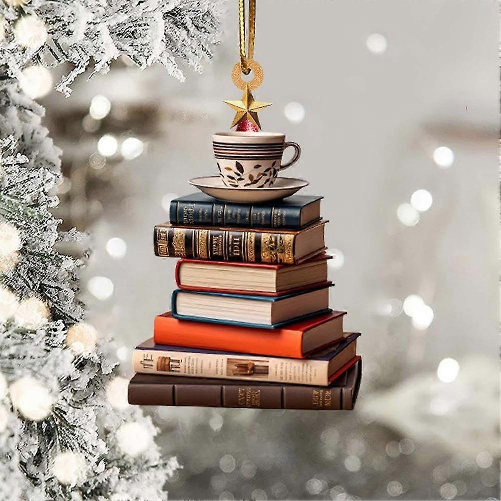 Christmas Tree Shape Bookshelf Pendant Artificial Christmas Book Tree Mini Acrylic Christmas Books Ornaments 1Pc