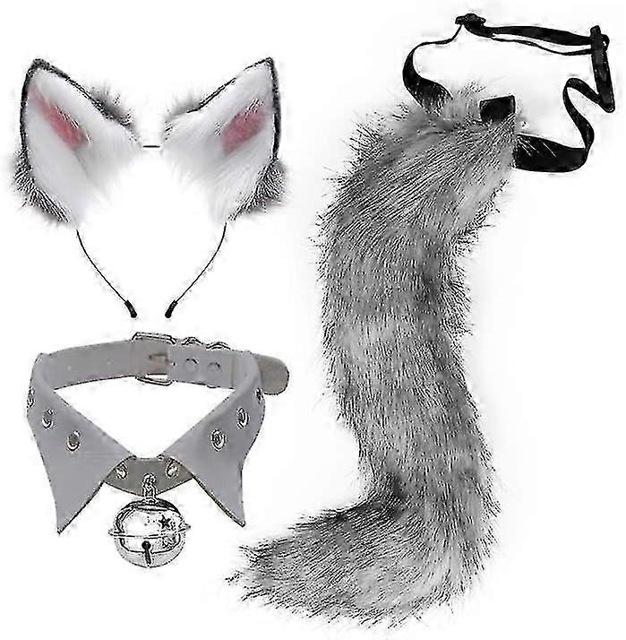 Fauxfur هريرة الذئب القط طويل الذيل آذان الشعر مشابك الجلود الرقبة طوق قلادة مجموعة هالوين حزب تأثيري زي (A-8-50cm)