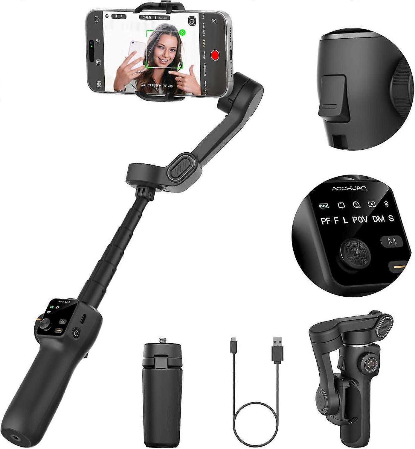 Axis Gimbal Stabilizer with Built-in 7.8-foot Extension Pole, Vlogging Mobile Gimbal with AI Tracking, Portable Smartphone Holder for iPhone with Full