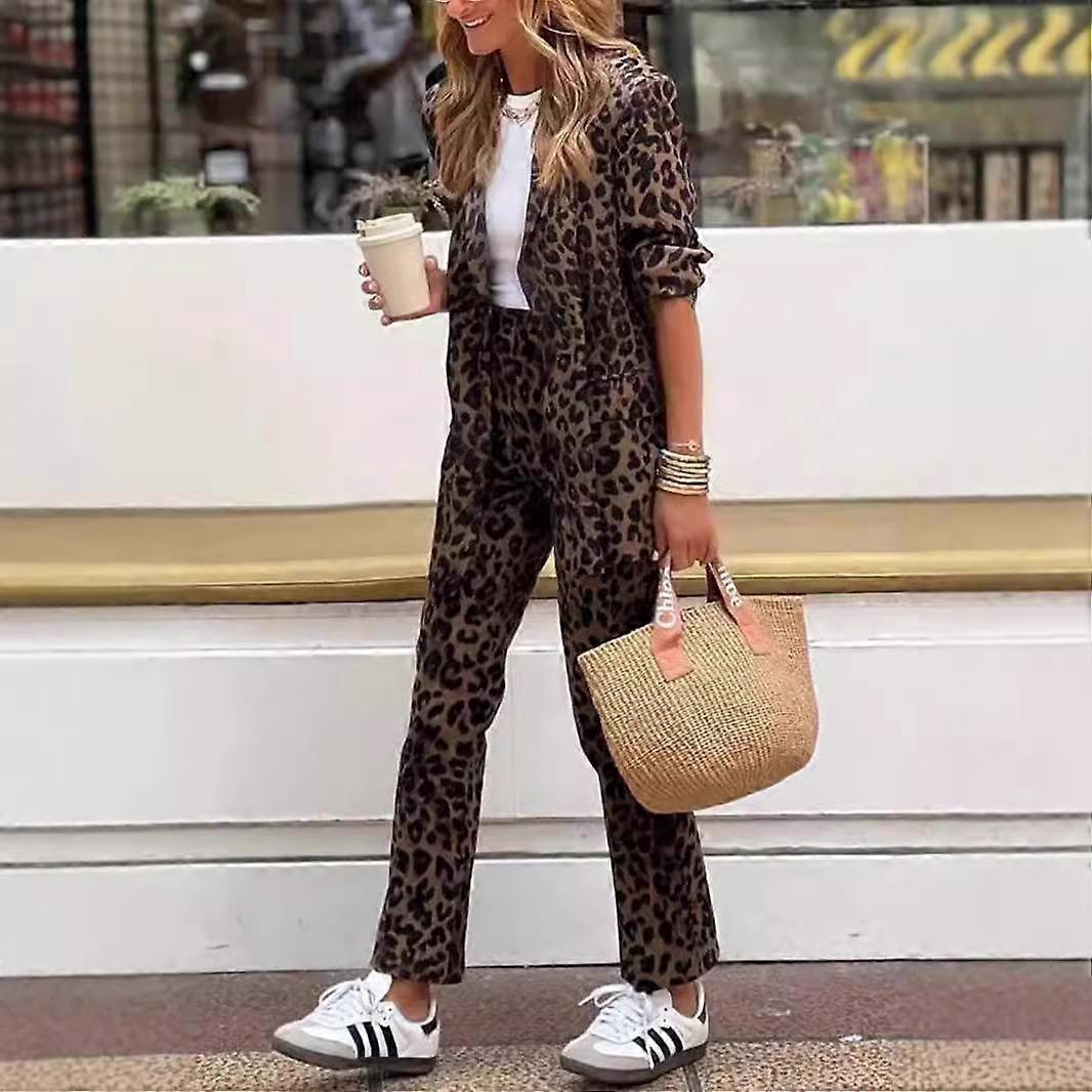 Women's Leopard Print Suit Set with White Top and Sneakers, Elegant Blazer and Pants Outfit