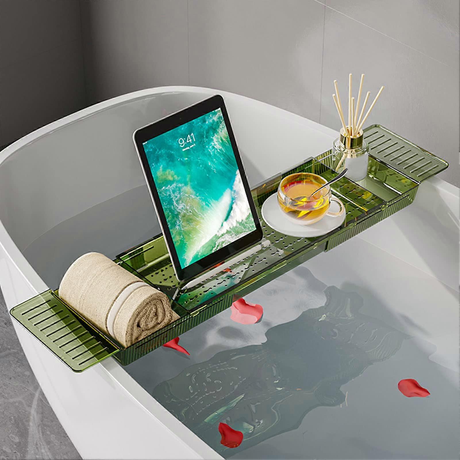 Adjustable Bathtub Caddy Tray with Extendable Design and NonSlip Strips for Holding Books Drinks Tablets
