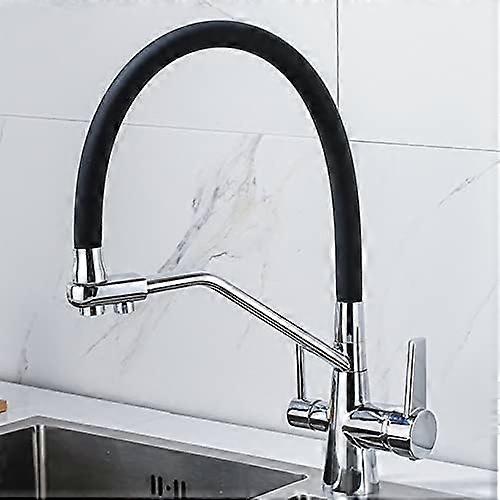 3Way Kitchen Mixer Tap with Black Silicone Hose, 360° Swivel Chrome Finish and BuiltIn Water Filter