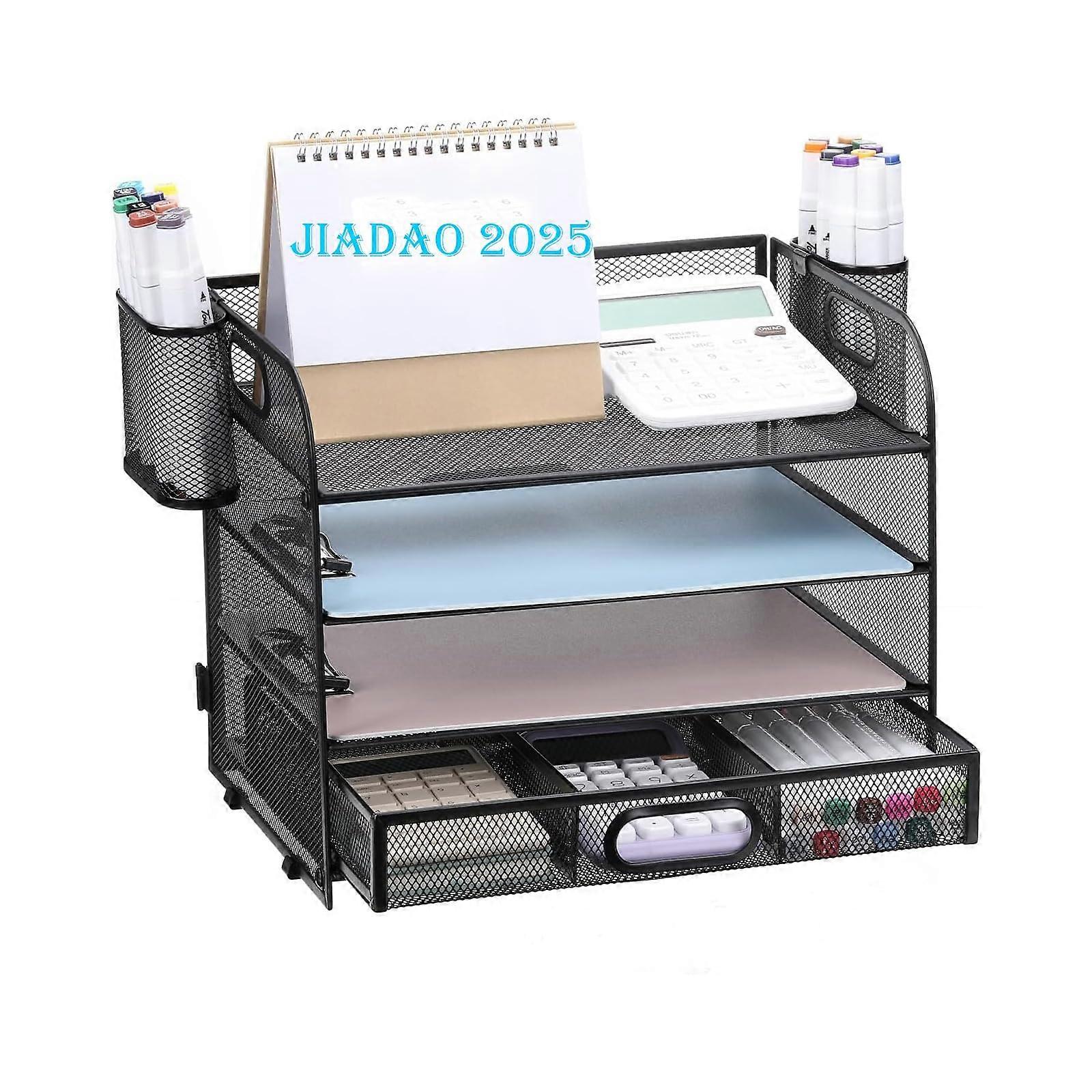 Desk File Organizer with 4Tier Mesh Shelves, Sliding Drawer, Two Pen Holders for Home Office Storage