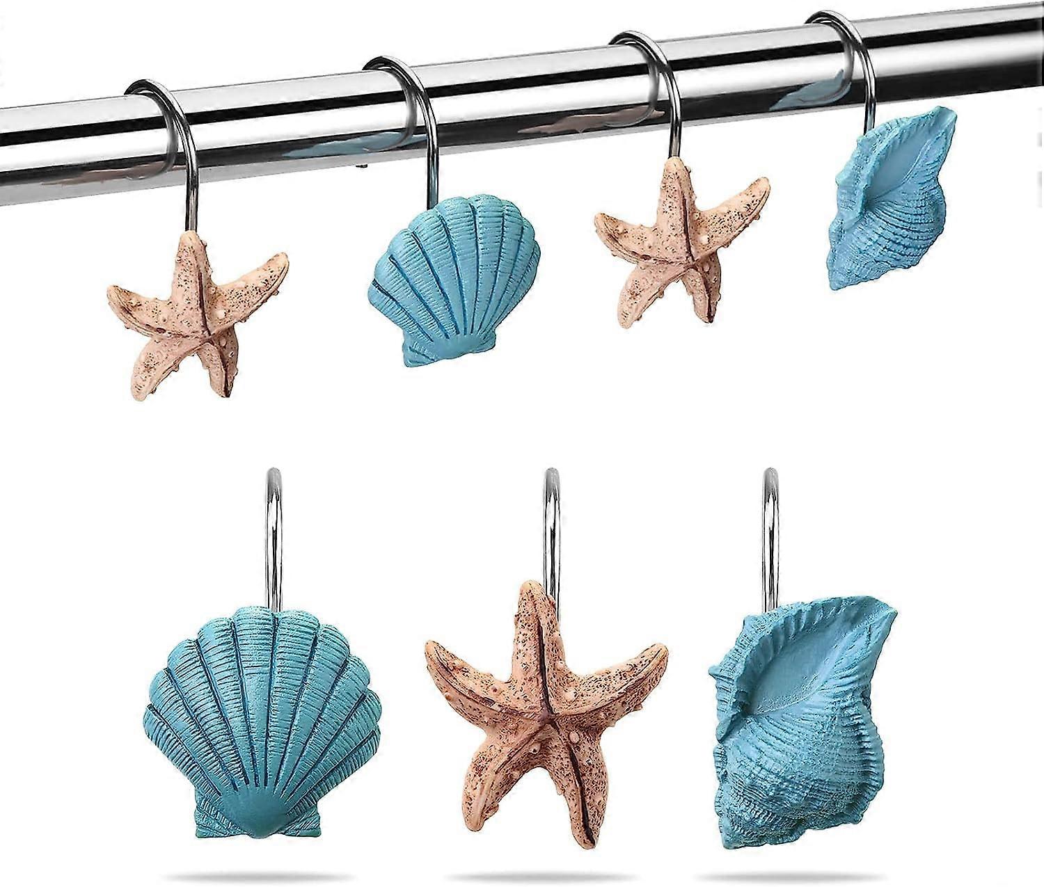 Shower Curtain Hooks Set of 12 RustResistant Coastal Seashell Design for Bathroom Decor Blue