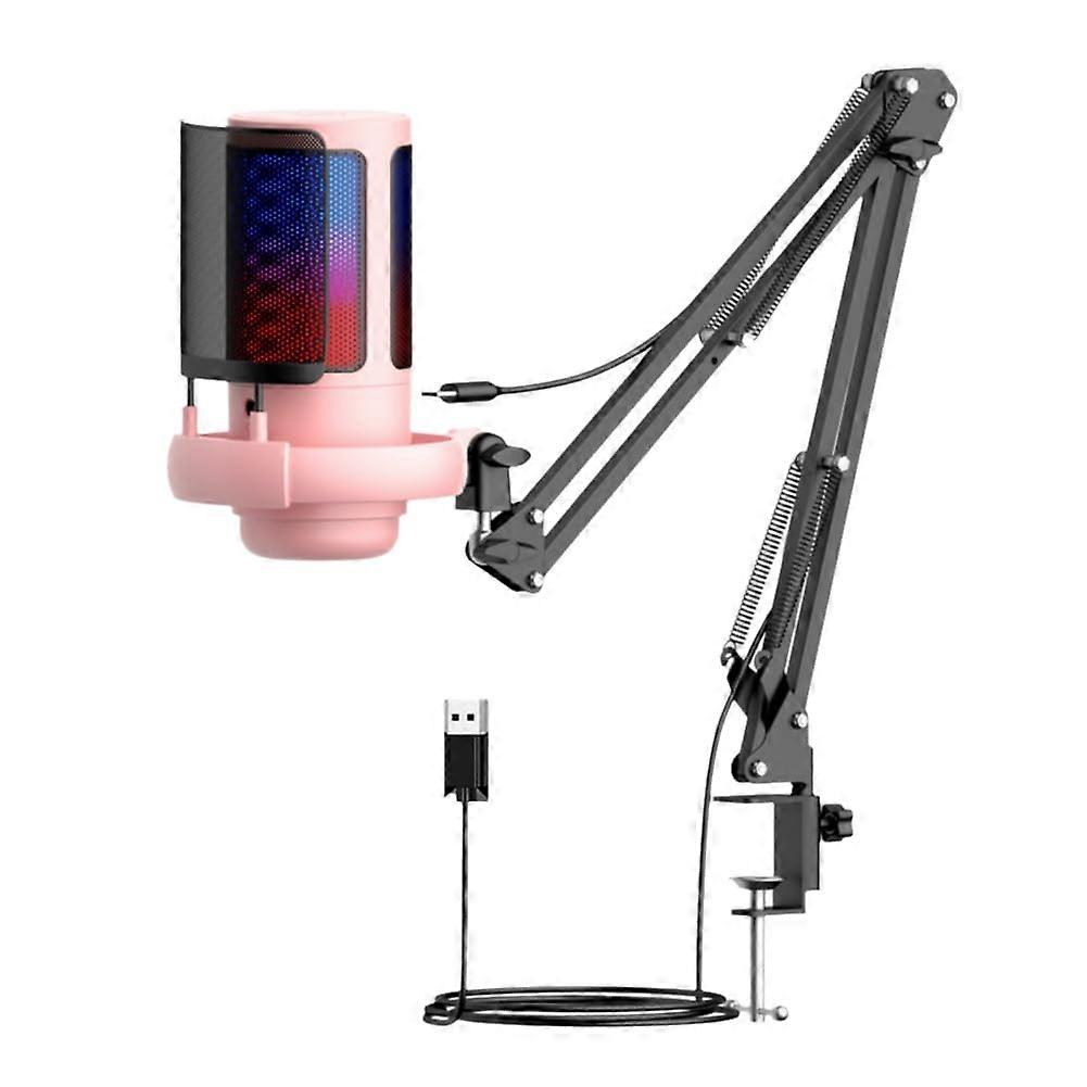 Condenser Microphone USB RGB Esports Recording Mic With Metal Boom Stand Pink Studio