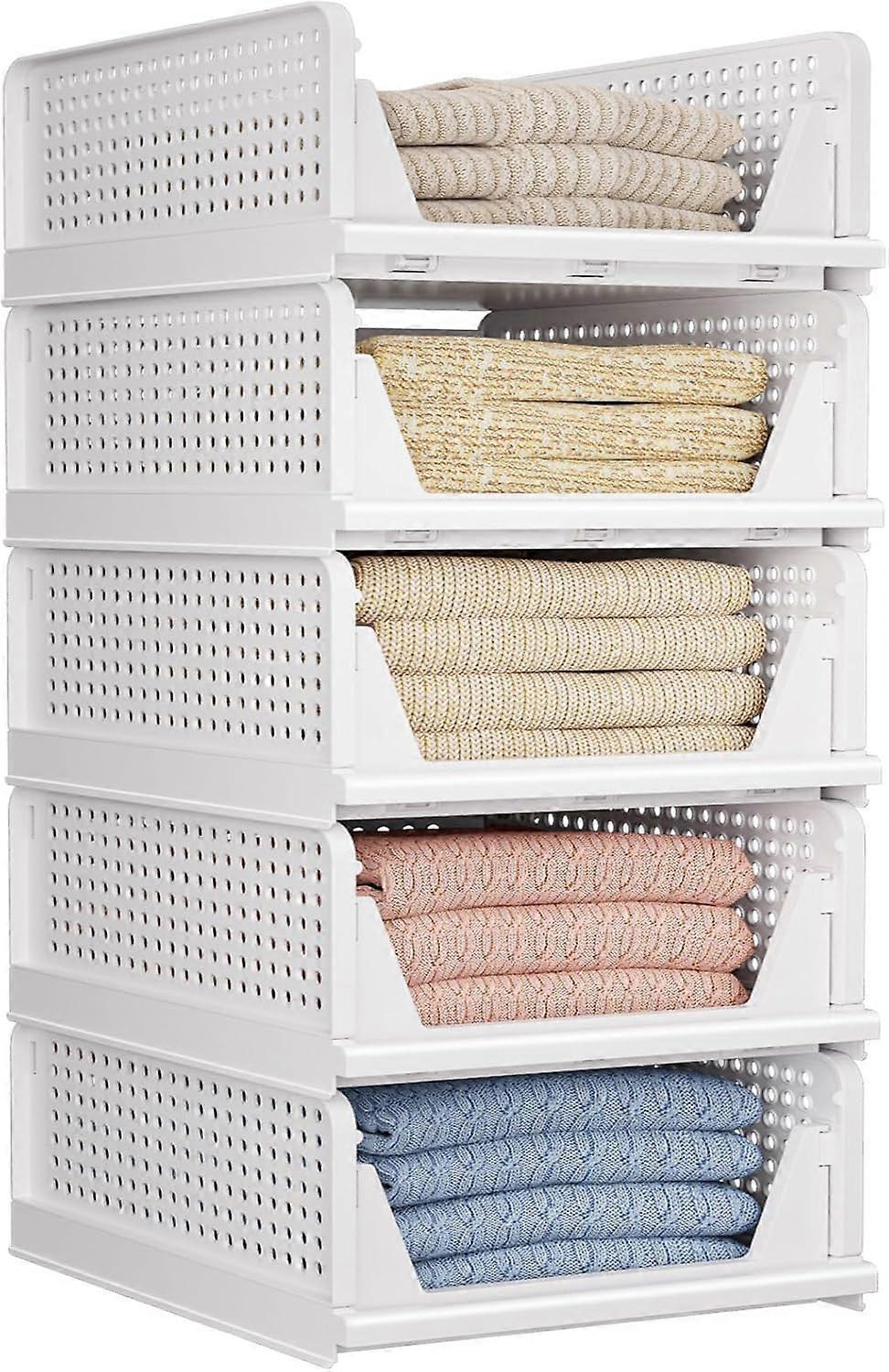 5 Pack Closet Storage Bins, Stackable Foldable Organizer Boxes for Wardrobe Kitchen Bathroom, WhiteGrey