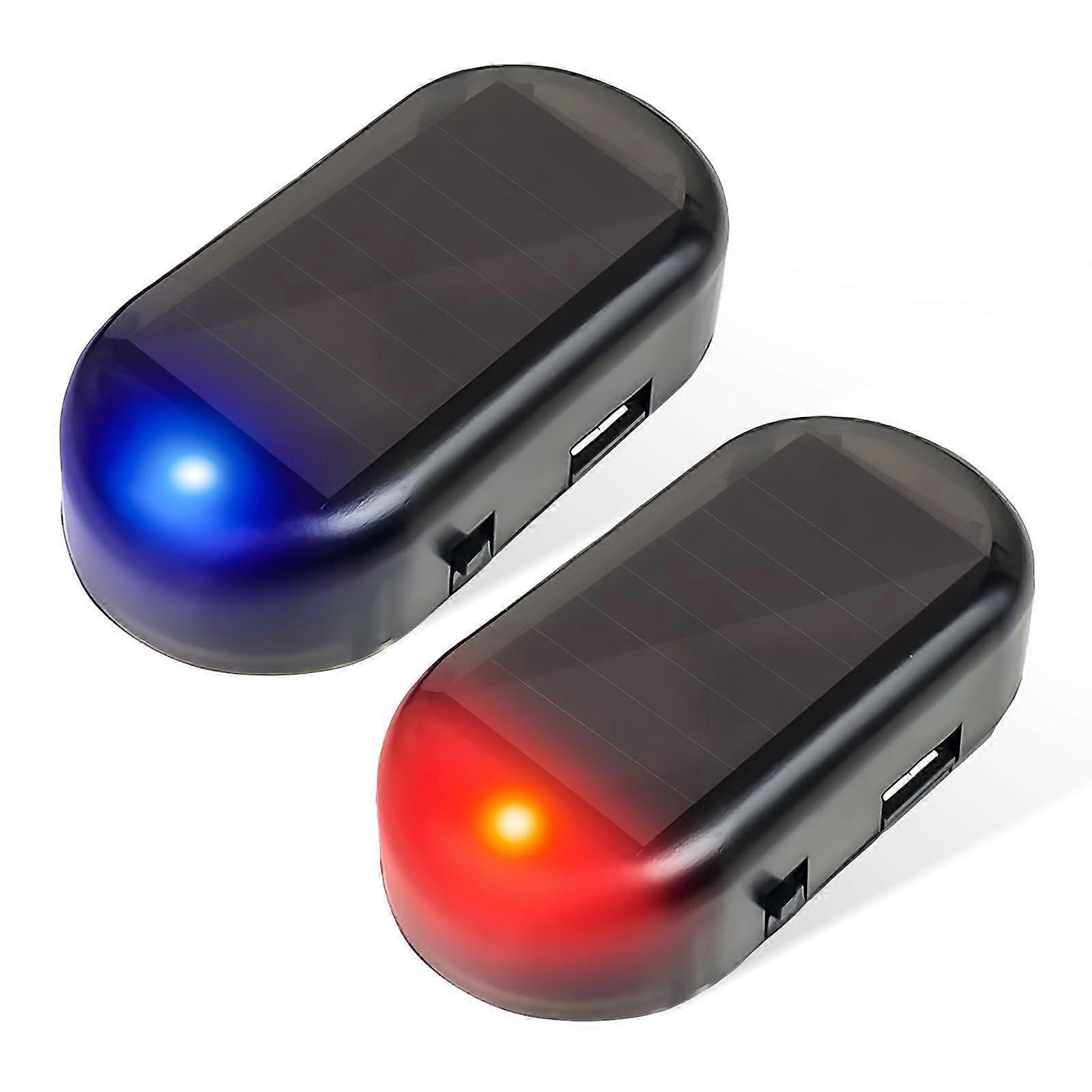2PCS Car Solar Dummy Alarm with LED AntiTheft Warning Light, USB Rechargeable Security Lamp (Red+Blue)