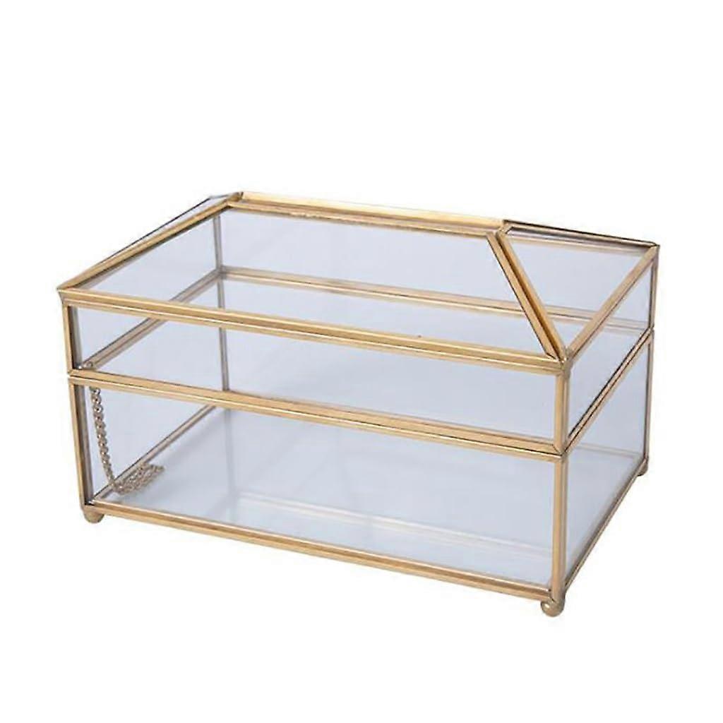Glass Tissue Box with Brass Frame, Clear Rectangular Napkin Holder for Home and Office 22.5cm