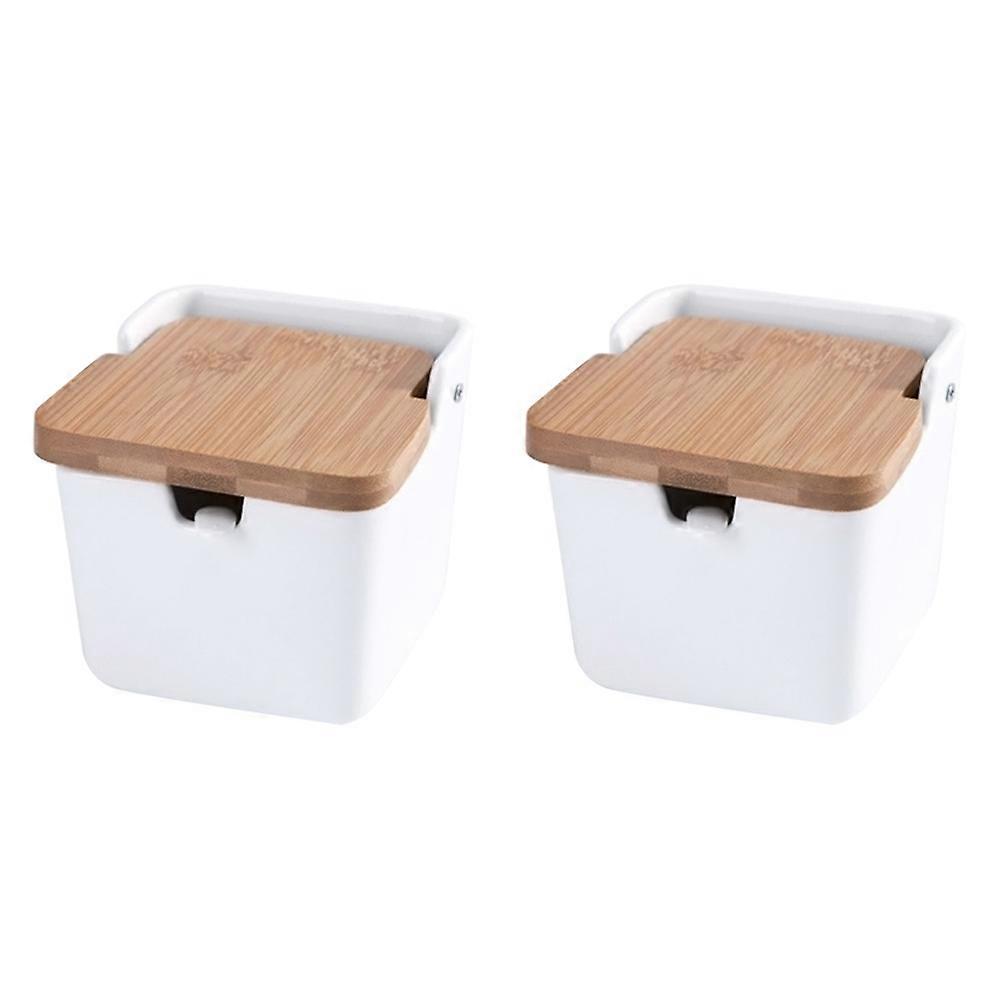 Seasoning Bottle with Spoon White Ceramic Condiment Jar for Kitchen 2Sets