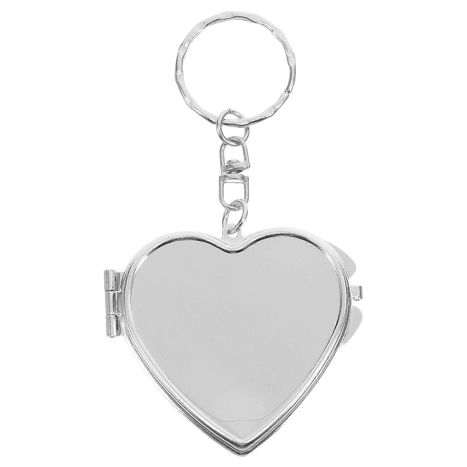2pcs Mini Round Shape Mirror Keychain Double-side Compact Makeup Mirror Keychain Foldable Key Pendant (Silver, Heart Shape)