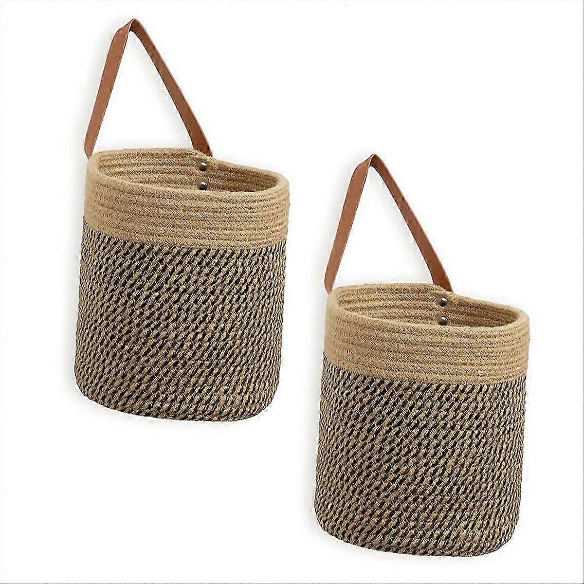 Wall Hanging Storage Baskets 2 Pack Woven with Sturdy Leather