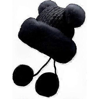 Warm Wool Knit Ear Hat for Women and Men, Thick Cute Baseball Caps for Snowy Winter Weather (Black) 26-27