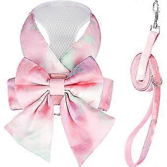 Cute Bow Tie Dog Harness and Leash Set Elegant Rainbow Gradient Puppy Harness No Pull Soft Mesh Pet Cat Dog Vest Harnesses, M-Pink