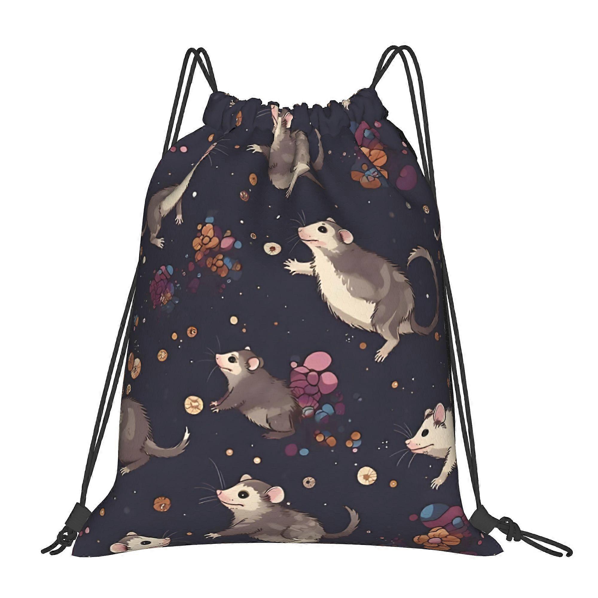 1pc a Drawstring Backpack Featuring Opossums And Flowers in Outer Space-Cqazw