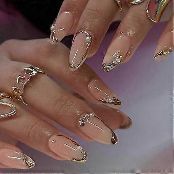 Medium Almond Press-On Nails: Nude Pink with Gold Pearl Stripe, 24pc Set with Adhesive