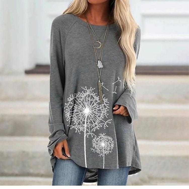 2022 New T-shirt Medium Long Round Neck Printed Long Sleeve Loose Women's Top