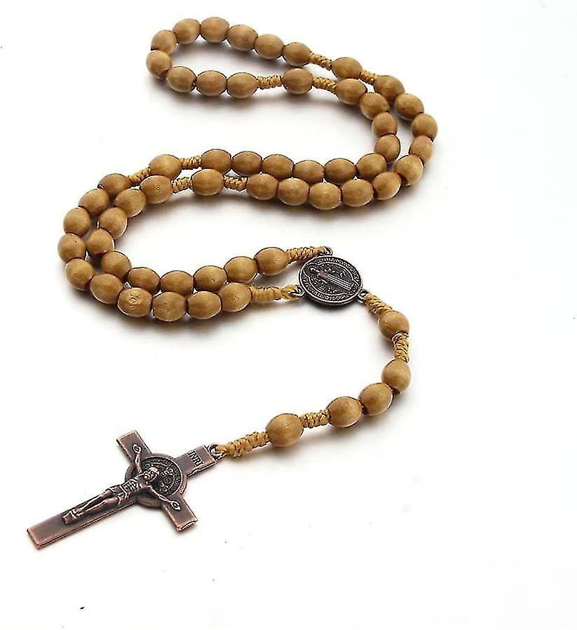 Collana Rosario Cattolico In Legno Naturale Con Croce E Medaglia San Benedetto – Perline 8x10 Mm – Fatto A Mano